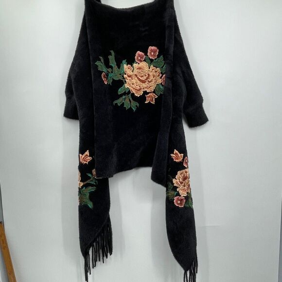 Black Fringed Embroidered Floral Open Cardigan Kimono Sweater One Size - Picture 4 of 4